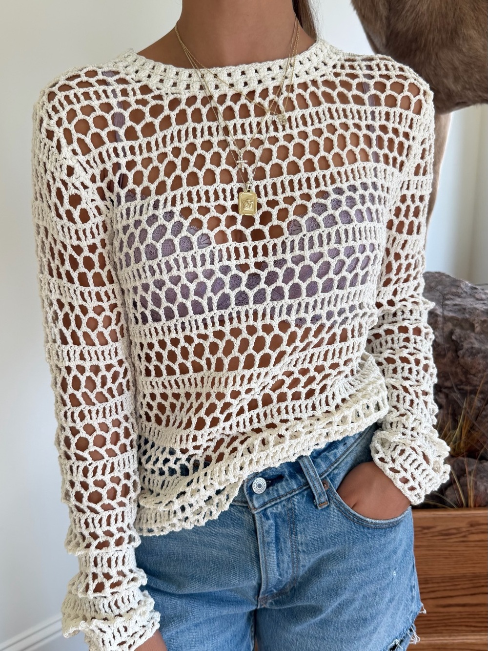Theory Cream Crochet Macrame Long Sleeve Top